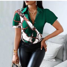 Summer Women Black Floral Print Top Shirt Fashion Casual Short Sleeve Turn-down Collar Tops Shirts New Elegant Slim Button Shirt Office Shirt, White Collared Shirt, White Shirts Women, Office Outfits Women, The Office Shirts, Leopard Print Top, Elegant Shirt, Spring Shirts, Floral Print Tops