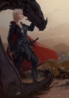 a woman standing next to a black dragon