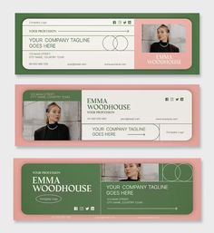 two green and pink business card templates with an image of a woman in the background