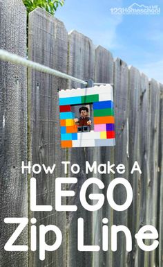 the cover of how to make a lego zip line book, with an image of a man hanging on a fence