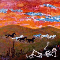 a painting with horses running in the sky and skeletons on the ground next to it