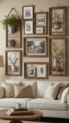 Vintage farmhouse wall baskets hanging on a wall, adding rustic charm and practical storage to a cozy home." Living Room Wall Art Rustic, Rustic Wall Pictures, Small Hall Wall Decor Ideas, Rustic Frames On Wall, Wall Decor Arrangements Layout, Sepia Photo Wall, Rustic Gallery Wall Living Room, Cottage Wall Decor Ideas, Living Room Big Wall Decor Ideas