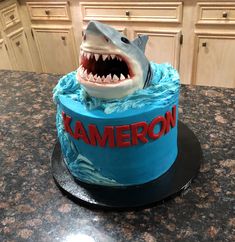 a birthday cake with a shark and name on the top is sitting on a kitchen counter