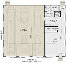 the garage floor plan for a two story house with an attached living room and kitchen