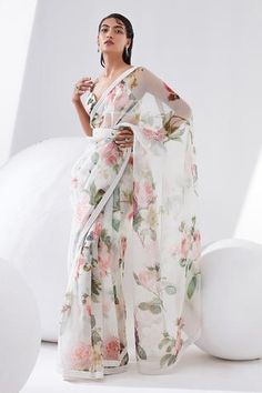 Shop for Tisha Saksena Ivory Silk Organza Hyacinth Printed Saree With Bralette for Women Online at Aza Fashions Indian White Wedding, White Wedding Saree, Ivory Saree, India Traditional Dress, Bridesmaid Saree, Fancy Sarees Party Wear, Traditional Indian Dress, Saree Silk, Saree Designs Party Wear