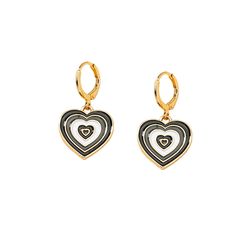 Eye-catching drop earrings featuring an enamel-coated heart design on goldtone huggie posts. 0.72'' W x 1.38'' L Goldtone copper / enamel Heart Drop Earrings, White Enamel, Heart Design, Halo, Gold Tones, 18k Gold, Gold Plate, Copper, Plating