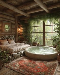 a bedroom with a large jacuzzi tub in the corner and plants growing on the wall