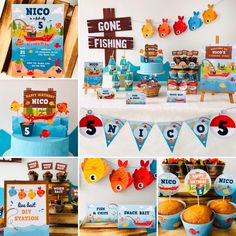 a collage of photos showing different themes for a fishing themed birthday party