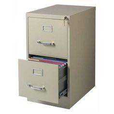 two file cabinets with one drawer open and the other closed