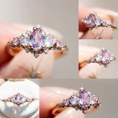 four different views of a pink diamond ring