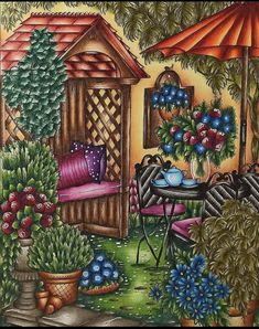 a painting of a garden with flowers and an umbrella in the background is a patio