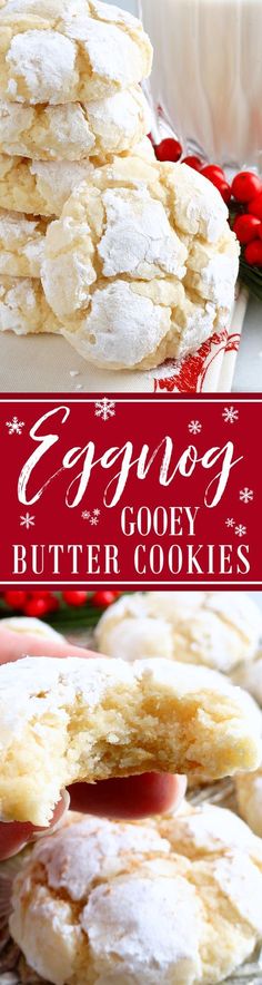 eggnog gooey butter cookies are stacked on top of each other and ready to be eaten