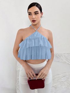 Baby Blue Sexy Collar  Mesh Fabric Plain Halter Embellished Medium Stretch  Women Clothing Top Celeste, Women Tank Tops, Tank Top Cami, Cami Top, Cami Tops, Ruffle Trim, Halter Neck, Fashion Online Shop