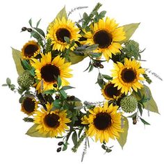 a sunflower wreath with green leaves on a white background