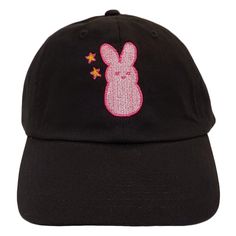 a black hat with pink bunny on the front and stars on the side, embroidered onto it