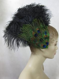 Visit www.fantasymasquerades.com for the best prices and special one of a kind pieces. Join my mailing list to be notified of sales and coupons! Custom made ostrich feather hair clip features a layered peacock eye feather base with large black ostrich plumes. Large excellent quality metal alligator clip on back to easily clip on to your hair. As with all natural products please allow for light differences in each piece. Due to the time custom orders take to make I do not accept returns. I will e Costume Concepts, Peacock Christmas, Diy Wig, Alice And Wonderland, Feather Hair Clips, We're All Mad Here, Feather Headdress, Feather Fascinators, Head Gear