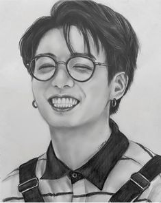 a black and white drawing of a person wearing glasses with a smile on their face