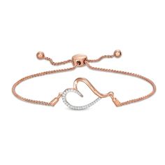 Show your whimsical side with this charming diamond heart bolo bracelet. Fashioned in sterling silver with 14K rose gold plate, this design features a sideways asymmetric heart-shaped outline sparkling with diamonds along one side. Captivating with 1/10 ct. t.w. of diamonds and a bright polished shine, this wheat chain bracelet adjusts up to 9.5 inches in length and secures with a bolo clasp and ball ends. Rose Gold Heart Bracelet In Fine Jewelry Style, Adjustable Fine Jewelry Heart Bracelet For Anniversary, Rose Gold Diamond Bracelet For Valentine's Day Anniversary, Adjustable Rose Gold Heart Cut Jewelry, Adjustable Rose Gold Jewelry For Valentine's Day, Adjustable Diamond Jewelry For Valentine's Day, Rose Gold Sterling Silver Heart Bracelet For Anniversary, Adjustable Heart Cut Rose Gold Jewelry, Adjustable Rose Gold Heart Bracelet For Anniversary