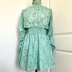 Mint Green, Vintage, Interesting Style, Form Fitting, Top Part Is Sheer, Very Cute, Easter Dress, Church, Sunday Dress. Spring Billowy Ruched Smocked Dress, Chic Billowy Smock Dress, Spring Dress With Smocked Back And Stretch, Spring Stretch Dresses With Smocked Bodice, Casual Party Smocked Dress With Smocked Back, Fitted Smock Dress For Party, Spring Date Night Smocked Dress With Ruffles, Casual Smocked Dress For Spring Party, Spring Smocked Stretch Dress With Ruched Details