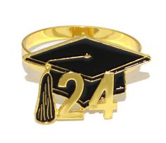 Napkin rings made to resemble graduation caps with the number 24. Made of metal with black enamel coating.. Measures 1.25"L x 1.6"W. Set of 4 Personalized Black Graduation Accessories, Adjustable Black Graduation Cap Topper As A Gift, Graduation Caps, Sports Jewelry, Rings Set, Graduation Cap, Pet Gifts, Black Enamel, Napkin Rings