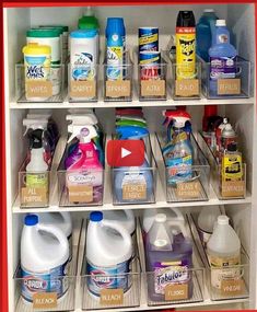 a refrigerator filled with lots of cleaning products