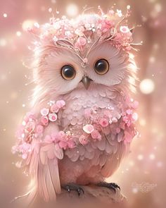 an owl with flowers on its head sits on a branch in front of a blurry background