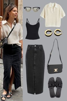 Outfit Inspo | Off-White Knit Top, Black Top, and Black Denim Long Skirt | with Black Leather Side Bag and Black Leather Summer Sandals | Outfit Inspiration | Summer Skirt Outfit Ideas | Women Fashion | Casual Outfits Smart Casual Date Night Outfit, Black Long Skirt Outfit Ideas, Friday Outfit For Work Casual Jeans, Black Denim Skirt Outfit Summer, Guatemala Outfits Ideas, Fall Outfits For Warm Weather, Denim Skirt Outfit Summer, Denim Midi Skirt Outfit, Leather Summer Sandals