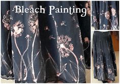 a woman wearing a black skirt with flowers on it and the words bleach painting