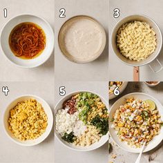 the steps to make macaroni and cheese soup are shown in four different bowls