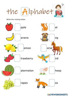 the alphabet worksheet with pictures and words to help kids learn how to read