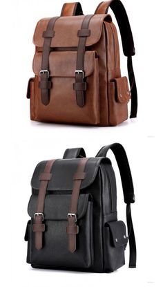 Retro Double Buckle Plus Size 15.6 Inch Laptop Backpack School Bag College Soft PU Backpack Leather Wallet Design, Uni Bag, High School Backpack, Bag College, Retro School, School Bag College, Retro Backpack, Leather Backpack For Men, Backpack Free