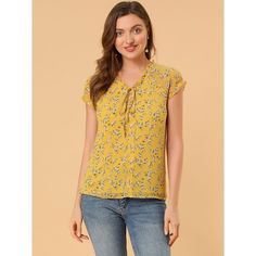 Lightweight and breezy, the shirt is perfect for sunshine styling. A floral print updates this top, perfect for adding a summer pattern to warm-weather looks. Made of a lightweight fabric, the printed style has a self-tie decor at the neckline and a ruffled trim. It has a loose fit that falls to the hip, so you can easily tuck it into skirts or jeans. Chiffon Shorts, Floral Print Chiffon, Ditsy Floral Print, Women's Blouses, Ruffle Shorts, Summer Patterns, Neck Ruffle, Floral Chiffon, Summer Floral