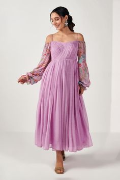 Lavender blossom printed cold shoulder sleeves draped bodice midi dress with all over polka print. - Aza Fashions Cold Shoulder Kurti, Lavender Blossom, Ethnic Gown, Midi Dress For Women, Draped Bodice, Blossom Print, Flounce Sleeve, Kurta Designs, Full Sleeves