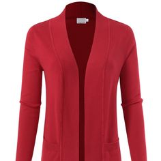 Women's Long Sleeve Open Front Pockets Longline Stretch Cardigans 70% Viscose, 30% Nylon Falls To Mid Hip Medium-Weight / Soft / Ribbed Hem Stretchy / Viscose Blend / Hand Wash Recommended / True To Size Fitted Red Cardigan, Red Open Front Spring Sweater, Red Open Front Sweater For Spring, Red Fitted Open Front Outerwear, Red Open Front Layering Cardigan, Red Open Front Cardigan For Layering, Red Open Front Top For Winter, Red Open Front Tops For Winter, Red V-neck Cardigan With Pockets