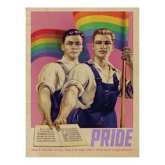 an old poster advertising pride with two men holding a stick and rainbow in the background