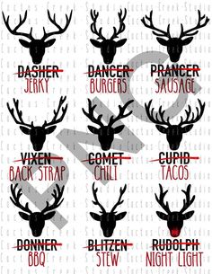 six deer heads with the words danger and some other words in red on white background