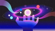 a person's hand holding an object in the air with planets and stars around it