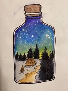 a drawing of a bottle with a campfire in it and the night sky above