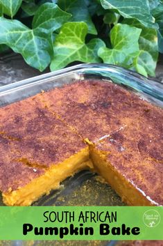 a close up of a cake in a pan with the words south african pumpkin bake