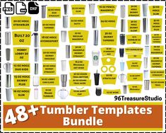 the 48 + tumbler templates bundle is shown in black and white with yellow accents