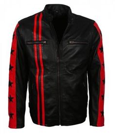 Men's Black Red Star Stripes Motorcycle Leather Jacket is a Leather Jacket with a great color combination available at US Leather Mart. Striped Leather Jacket, Trendy Leather Jacket, Halloween Jacket, Red And Black Jacket, Man Cafe, Cafe Racer Leather Jacket, Christmas Jacket, Motorcycle Leather Jacket, Designer Leather Jackets