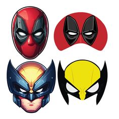 four masks with different colors and designs on them, one is red, the other is yellow