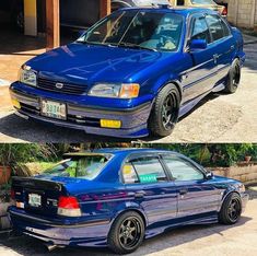 two pictures of a blue car parked in front of a house