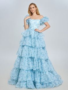 New Blue Printing Layered Ruffles Floral Prom Gown Photo Shoots Dress Outfits YW231128 Formal Gowns Elegant, Layered Prom Dress, Organza Material, Layered Ruffle Dress, Stunning Prom Dresses, Fashion Drawing Dresses, Gown Photos, Perfect Prom Dress, Photoshoot Dress