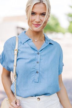 This chambray top is sure to make any outfit super cute! It's such a classic look. This chambray top is going to style easily with white shorts, jeans, or even printed midi skirts!  Collared partial button down neckline Short sleeves No... Cruise Outfits, Cute Spring Outfits, Chambray Top, Printed Midi Skirt, Midi Skirts, Casual Work Outfits, Shorts Jeans, Vacation Outfits, Work Casual