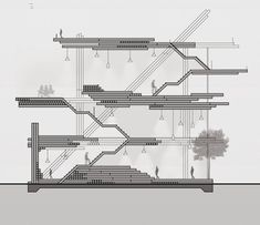 an architectural drawing of a staircase with people walking up and down the stairs, in front of a tree