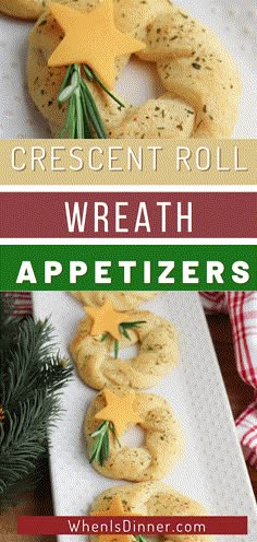 christmas wreaths and pretzels with text overlay that reads crescent roll wreath appetizers