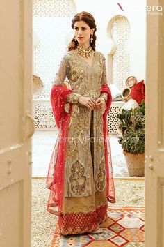 Buy Classic Front Open Bridal Kameez Salwar, a traditional masterpiece to wear at wedding festivities. This stunning Pakistani Dress is available Online. Traditional Drape Churidar With Dabka For Reception, Churidar With Dabka Work And Traditional Drape For Reception, Reception Churidar With Dabka In Traditional Drape, Wedding Sherwani With Dabka Work In Chinon, Reception Jamawar Salwar Kameez With Dabka, Hand Embellished Semi-stitched Salwar Kameez For Reception, Eid Floor-length Embellished Salwar Kameez, Bollywood Style Jamawar Churidar For Reception, Reception Jamawar Churidar With Dabka Work