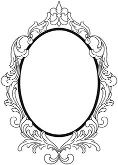 a black and white drawing of an oval frame with scroll work on the border,