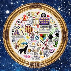 a cross stitch pattern in a gold frame with the words and symbols on it, surrounded by stars